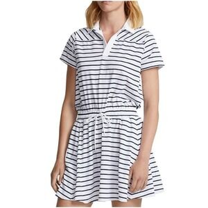 NEW‎ Ralph Lauren RLX Airflow SS Polo Dress White Navy Stripes Drawstring Med